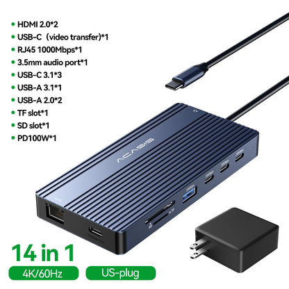 Acasis 14 in 1 USB-C Docking Station Triple Display 4K60Hz HDMI DP PD100W 10Gbps Hub for MacBook Laptop Workstation Setup