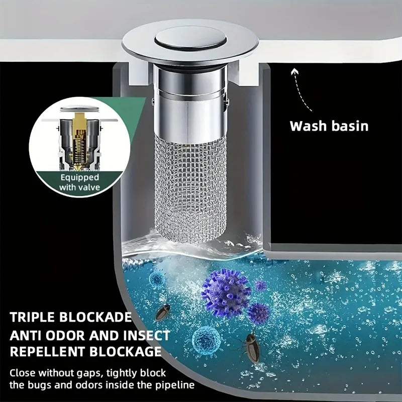 Bathroom Sink Drain Stopper, Pop Up Drain Filter with Removable Filter Basket Hair Catcher