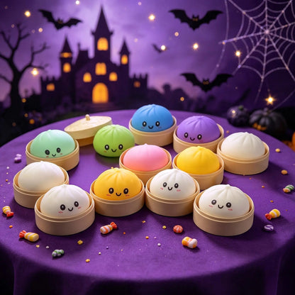 Halloween Bun Set of 18 (6 Buns+6 Steamers+6 Steamer Lids), a portable tabletop travel decompression toy, cute collectibles and trick or treat bag fillers, a great choice for party gifts