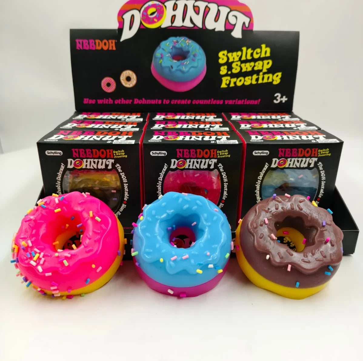Needoh Dippin Dazzler Egg Donut Stress Relief Squishy Cube Anti-Anxiety Squeeze Toy For Focus ADHD Population Gifts.