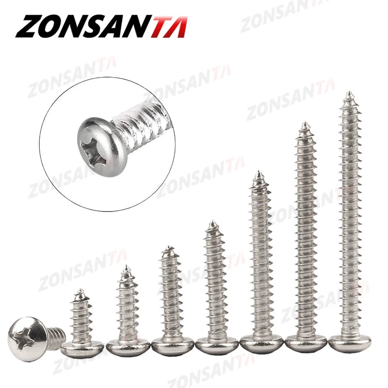 ZONSANTA M1.4 M1.7 M2 M2.2 M2.6 M3 M3.5 M4 M5 M6 Small 304 Stainless Steel Cross Phillips Pan Round Head Self Tapping Screw
