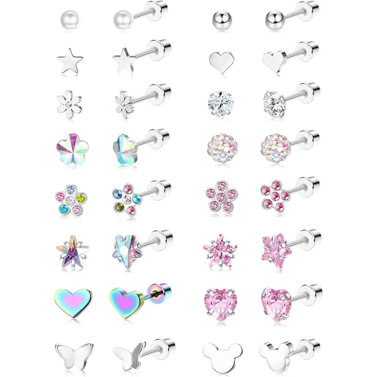 16Pairs 316L Stainless Steel Earrings for Women Hypoallergenic Screw Back CZ Pearl Heart Flower Ctue Stud Earrings Jewelry Gift