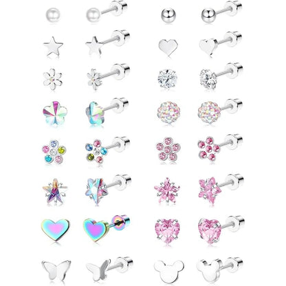 16Pairs 316L Stainless Steel Earrings for Women Hypoallergenic Screw Back CZ Pearl Heart Flower Ctue Stud Earrings Jewelry Gift