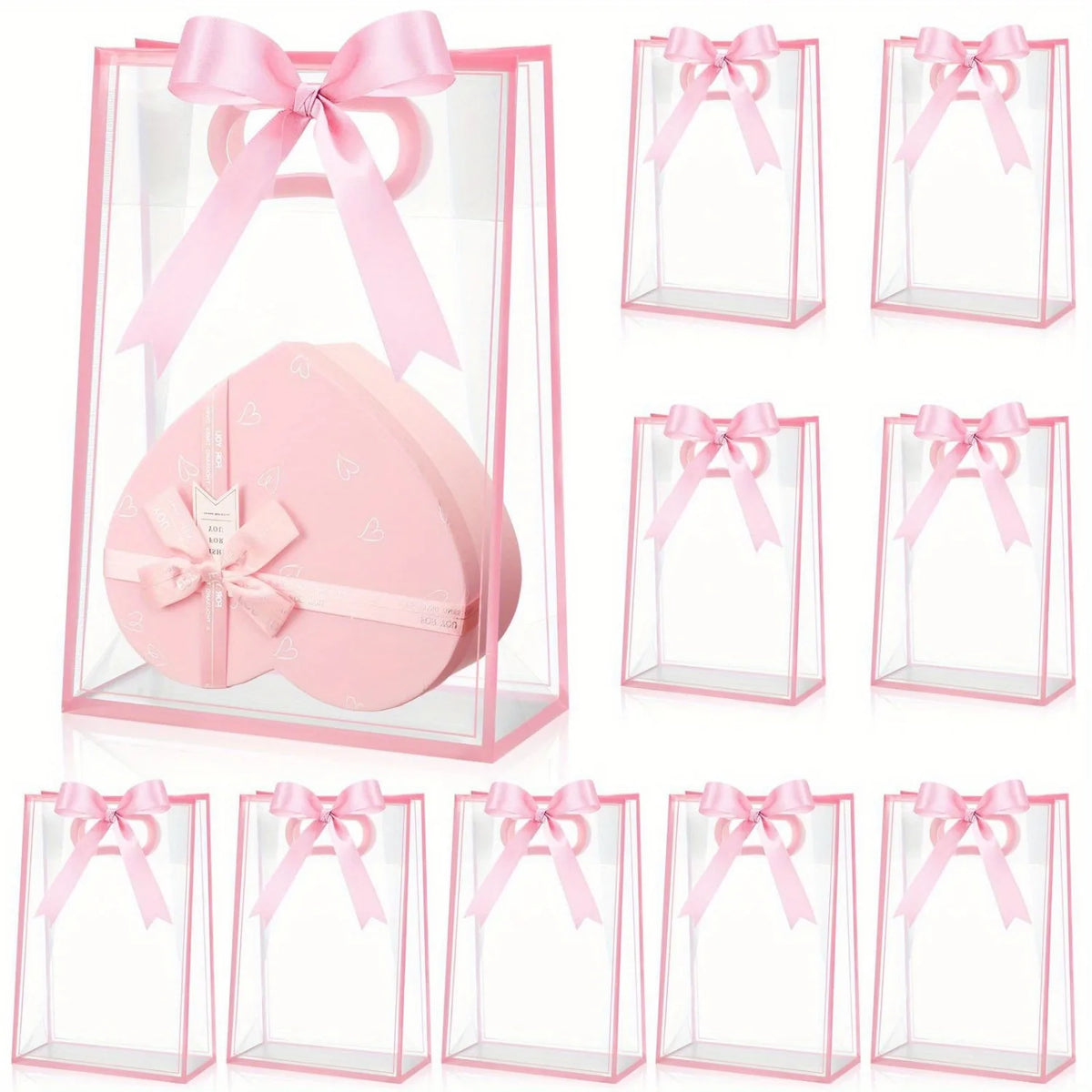10 Pcs Gift Bags, 1 Roll of Ribbon, Reusable PP Holiday Bag with Ribbon, Suitable for Valentine's Day, Weddings, and Birthdays
