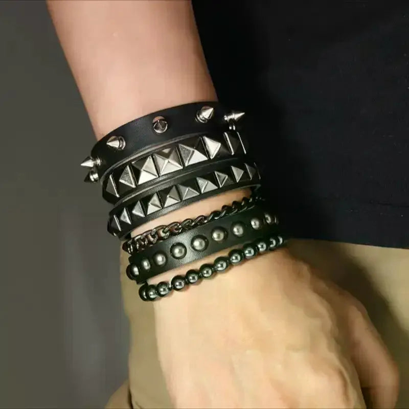 Emo Y2K Indie Grunge Studs Spiked Bracelet Goth Jewelry Accessories for Cool Rocker Skater Biker, 4 Pieces Men Punk Black PU Leather Cuff Bracelets Set