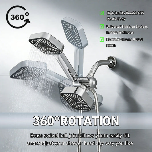 A High-Flow Large Nozzle and Handheld Shower Head，Two-In-One Shower Set,Shower Long Hose and T-Shaped Valve-Durable Abs Material,Wall-Mounted, Square Design,Suitable for Bathroom UpgradesThree-Way Water Distributor Bathroom