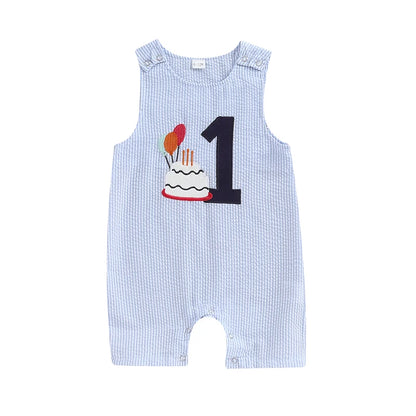 Pudcoco Infant Baby Boy Overalls, Embroidery Cake Striped Jumpsuit Birthday Clothes for Casual Daily 6-18M
