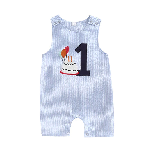 Pudcoco Infant Baby Boy Overalls, Embroidery Cake Striped Jumpsuit Birthday Clothes for Casual Daily 6-18M
