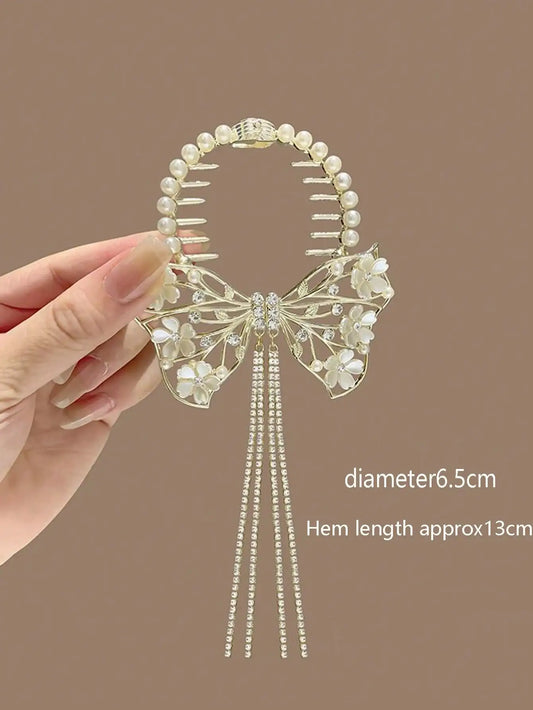 1pc Teen' Bun Holder Clip With Flower Tassel Decor, Perfect For Parties And Daily Wear In Summer