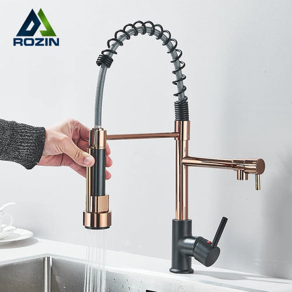Rozin Black and Rose Golden Spring Pull Down Kitchen Sink Faucet  Hot & Cold Water Mixer Crane Tap with Dual Spout Deck Mounted