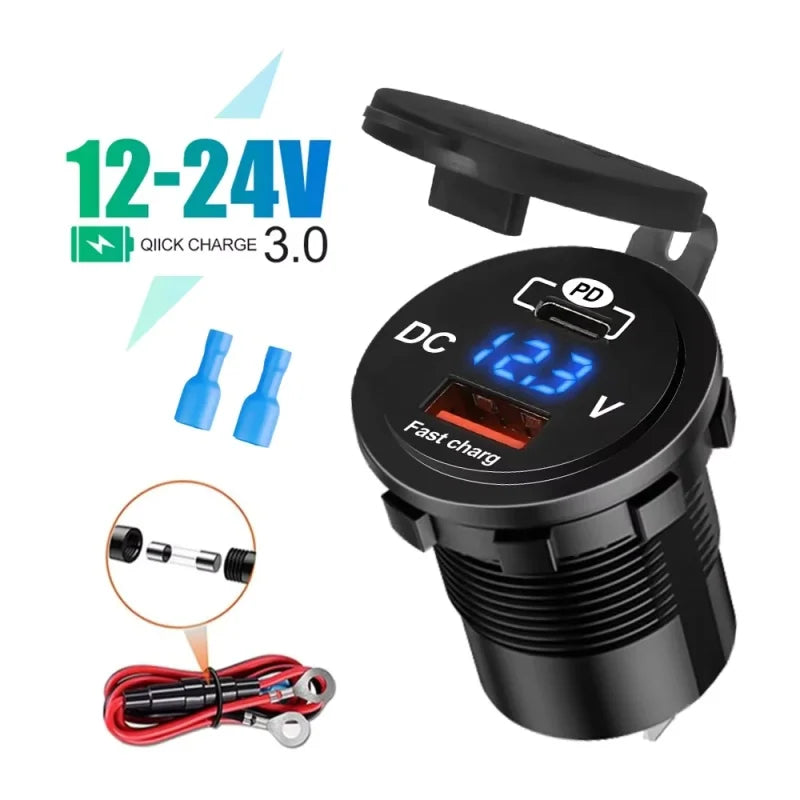 1SET 60W PD QC3.0 Car Charger Socket with Voltage Meter Quick Charge 3.0 Socket Power Outlet for 12V/24V Motorcycle Truck Boat
