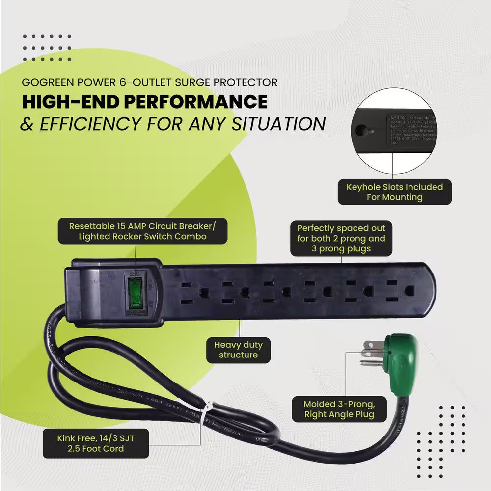 6 Outlet Surge Protector with 3 Ft. Heavy Duty Cord - Black
