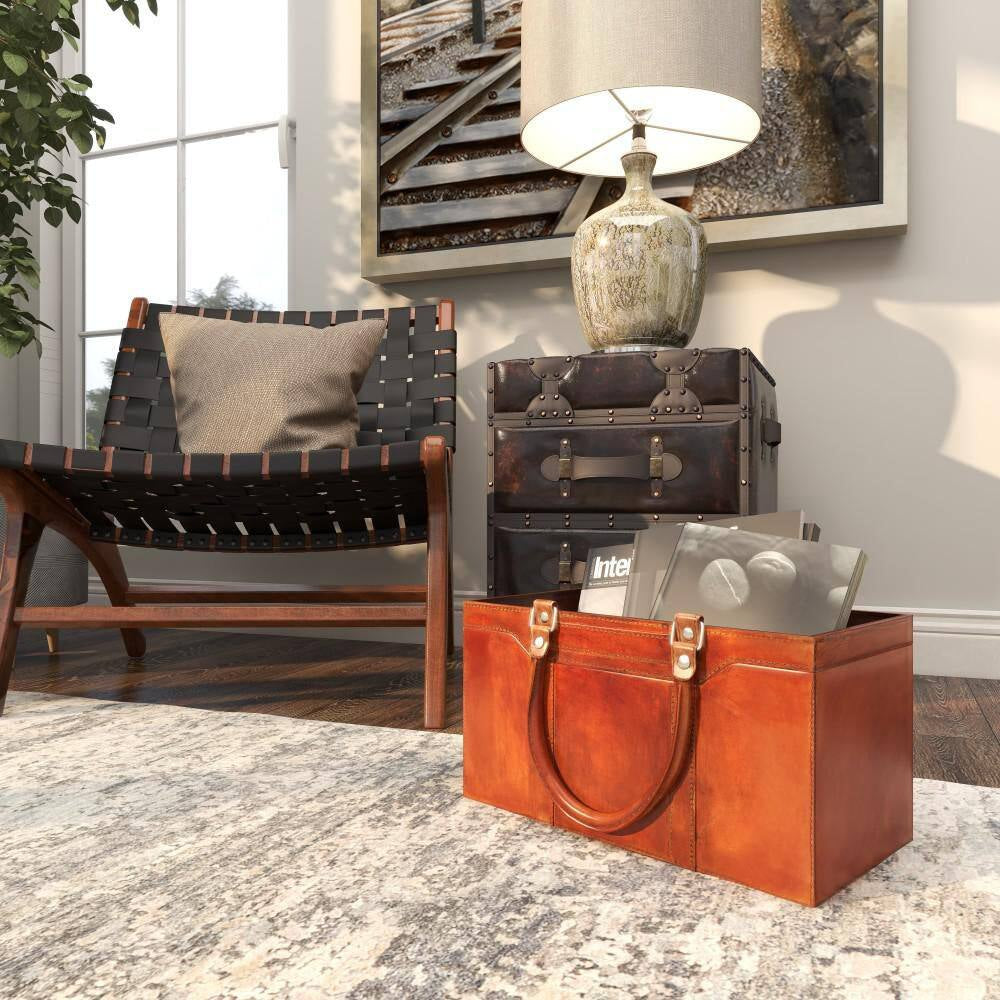 Brown Handmade Box Style Standing Magazine Holder with Detail Stitching and Curved Handles