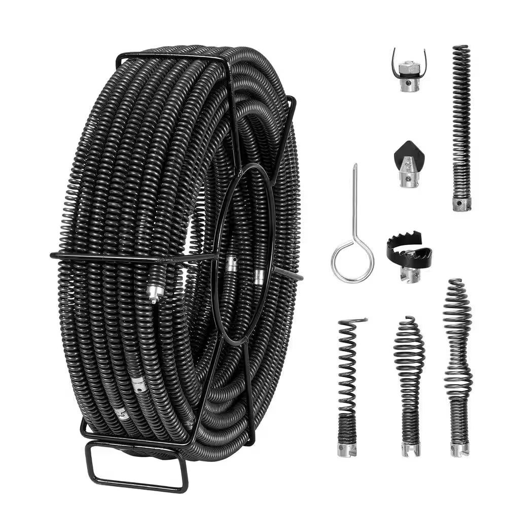 Drain Cleaning Cable 100 Ft. X 5/8 In. Sewer Drain Auger Cable Hollow Core with 7 Cutters for 0.8 In. to 3.9 In. Pipe
