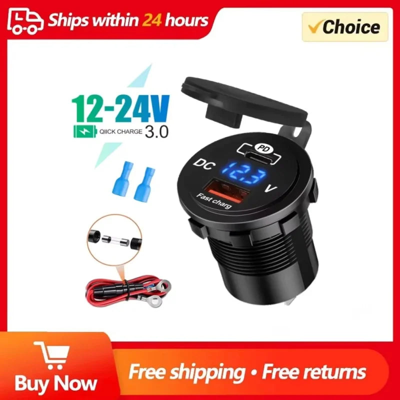 1SET 60W PD QC3.0 Car Charger Socket with Voltage Meter Quick Charge 3.0 Socket Power Outlet for 12V/24V Motorcycle Truck Boat