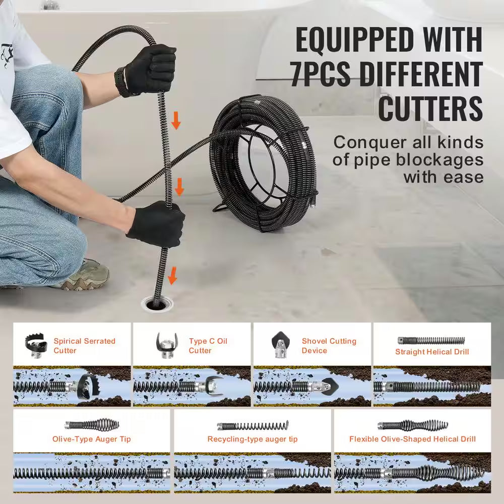 Drain Cleaning Cable 100 Ft. X 5/8 In. Sewer Drain Auger Cable Hollow Core with 7 Cutters for 0.8 In. to 3.9 In. Pipe