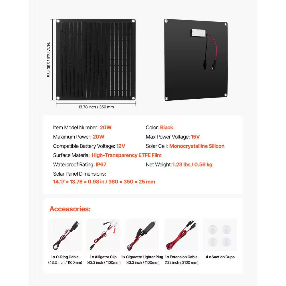20-Watt 12V Solar Panel Battery Charger, Solar Battery Trickle Charger Maintainer with Built-In Smart Controller