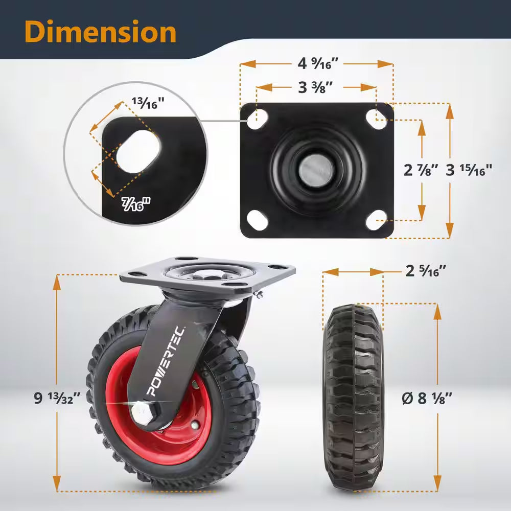 8 In. Swivel Plate Caster Wheels, Heavy-Duty Industrial Plate Casters with Rubber Knobby Tread