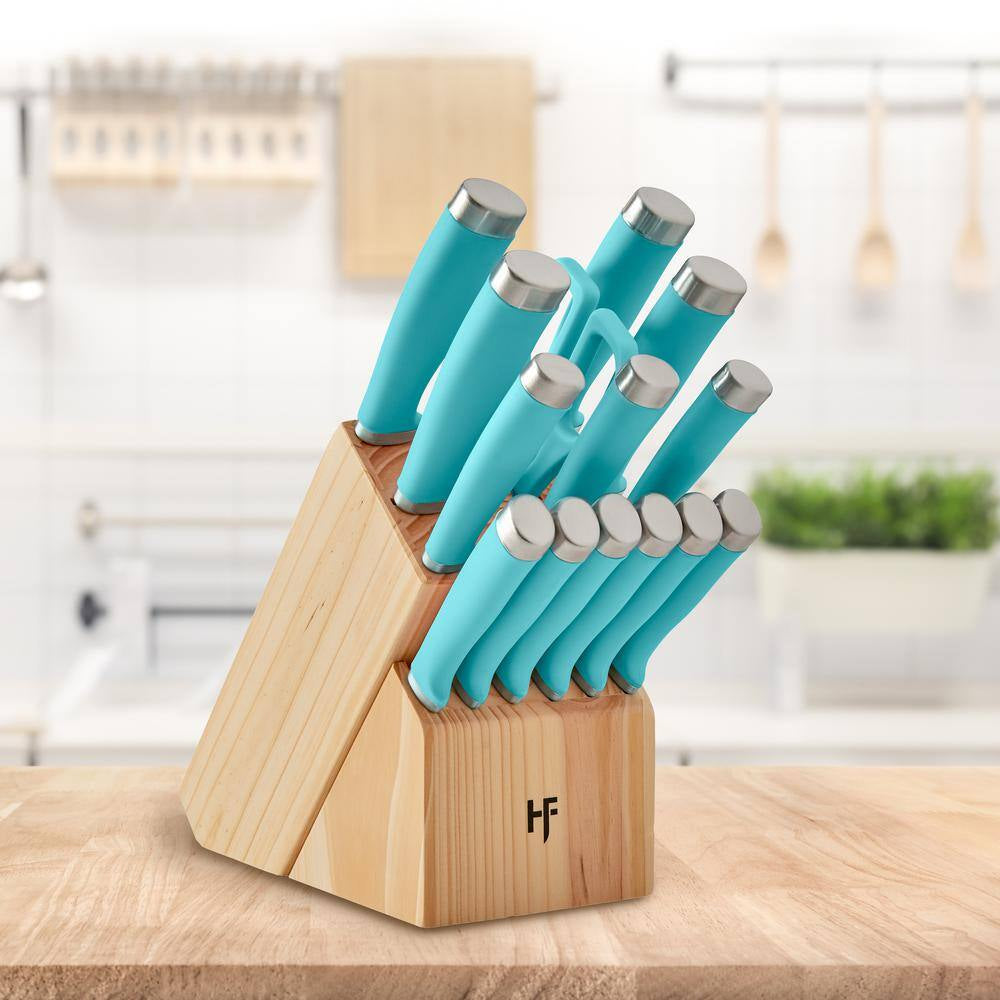 Epicure 15-Piece Stainless Steel Knife Set with Storage Block in True Aqua