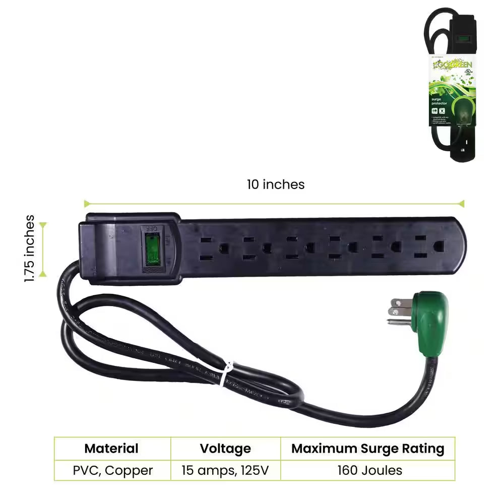 6 Outlet Surge Protector with 3 Ft. Heavy Duty Cord - Black