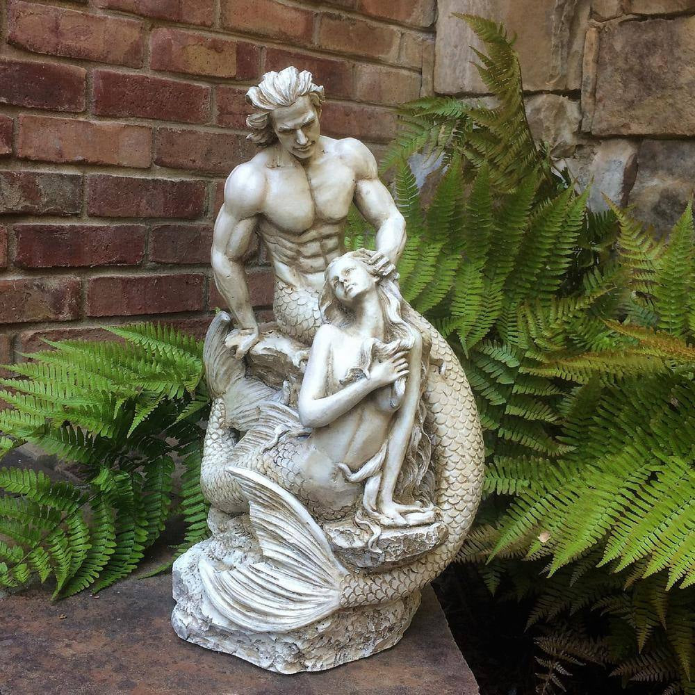 18 In. Sexy Merman and Mermaid on the Rocks Nautical Beach Statue Antique White