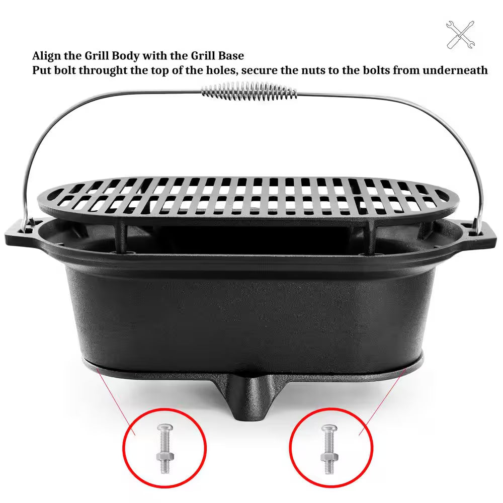 Oval Cast Iron Portable Hibachi Grill for Outdoor Use and Camping in Black