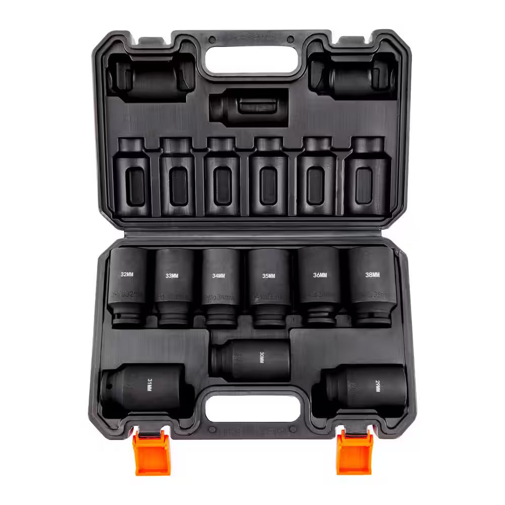 1/2 In. Drive Impact Socket Set, 9 Piece Deep Socket Set Metric 29-38 Mm, 6 Point Cr-Mo Alloy Steel for Auto Repair