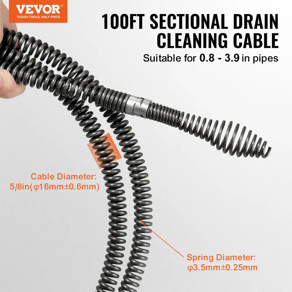 Drain Cleaning Cable 100 Ft. X 5/8 In. Sewer Drain Auger Cable Hollow Core with 7 Cutters for 0.8 In. to 3.9 In. Pipe
