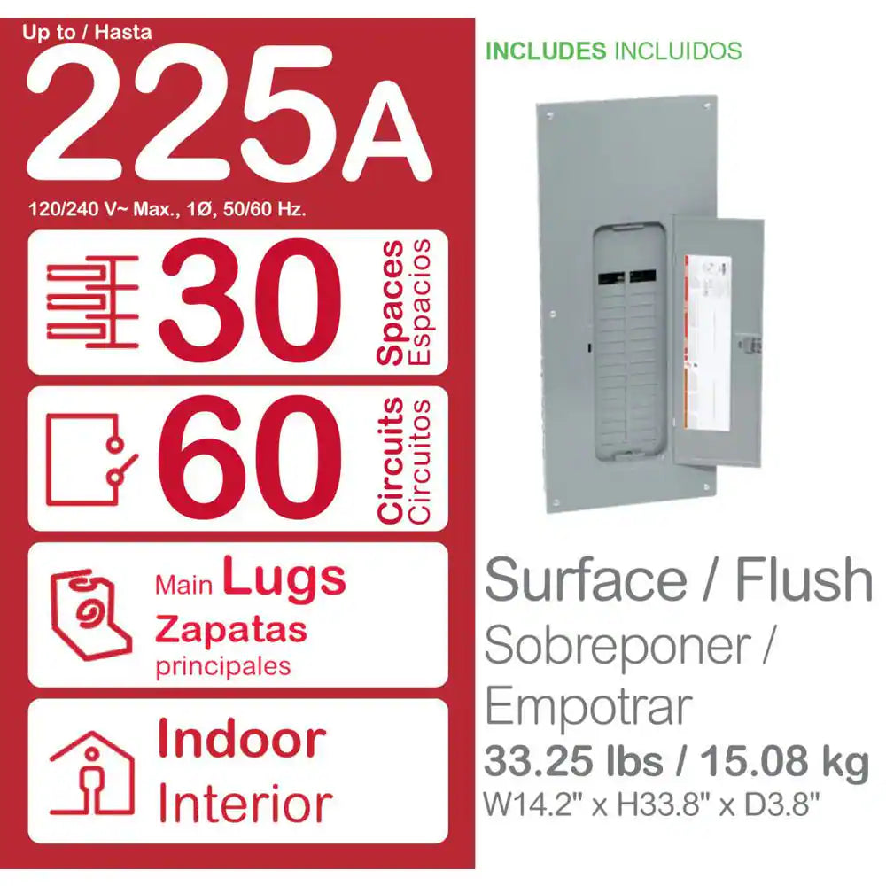 Homeline 225 Amp 30-Space 60-Circuit Indoor Main Lug Plug-On Neutral Load Center W/ Cover, Ground Bar(Hom3060L225Pgcvp)