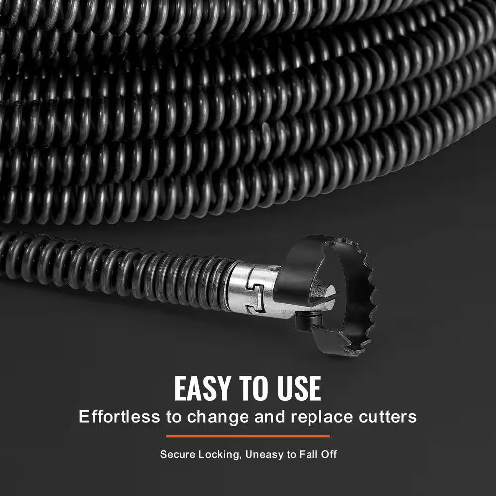 Drain Cleaning Cable 100 Ft. X 5/8 In. Sewer Drain Auger Cable Hollow Core with 7 Cutters for 0.8 In. to 3.9 In. Pipe