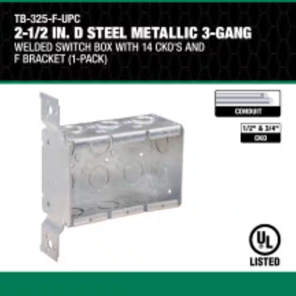 2-1/2 In. D Steel Metallic 3-Gang Welded Switch Box with 14 Cko'S and F Bracket, 1-Pack