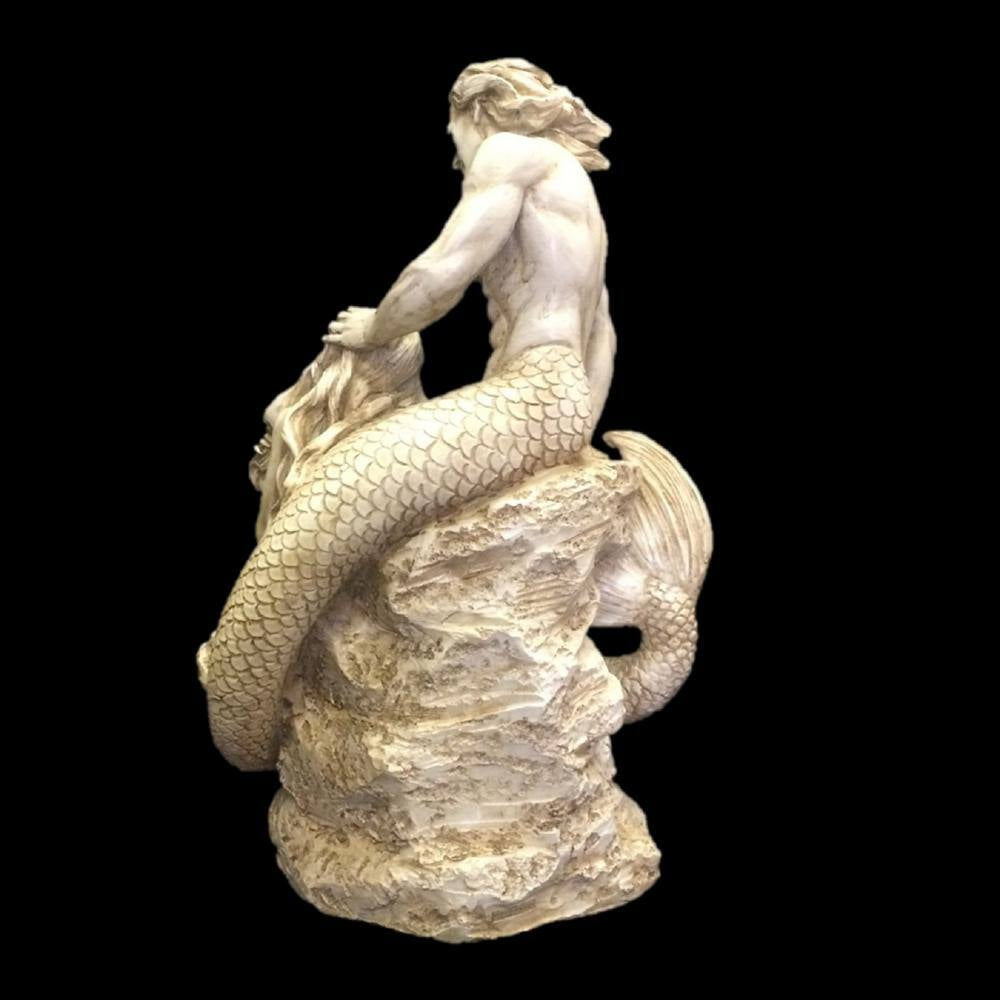 18 In. Sexy Merman and Mermaid on the Rocks Nautical Beach Statue Antique White