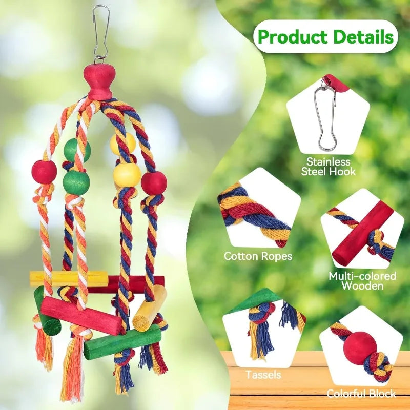 Bird Toys Parrot Toys Cotton Rope Colorful Beads Wooden Blocks Gnawing Strings Relieve Boredom Relieve Biting Hair Bird Supplies