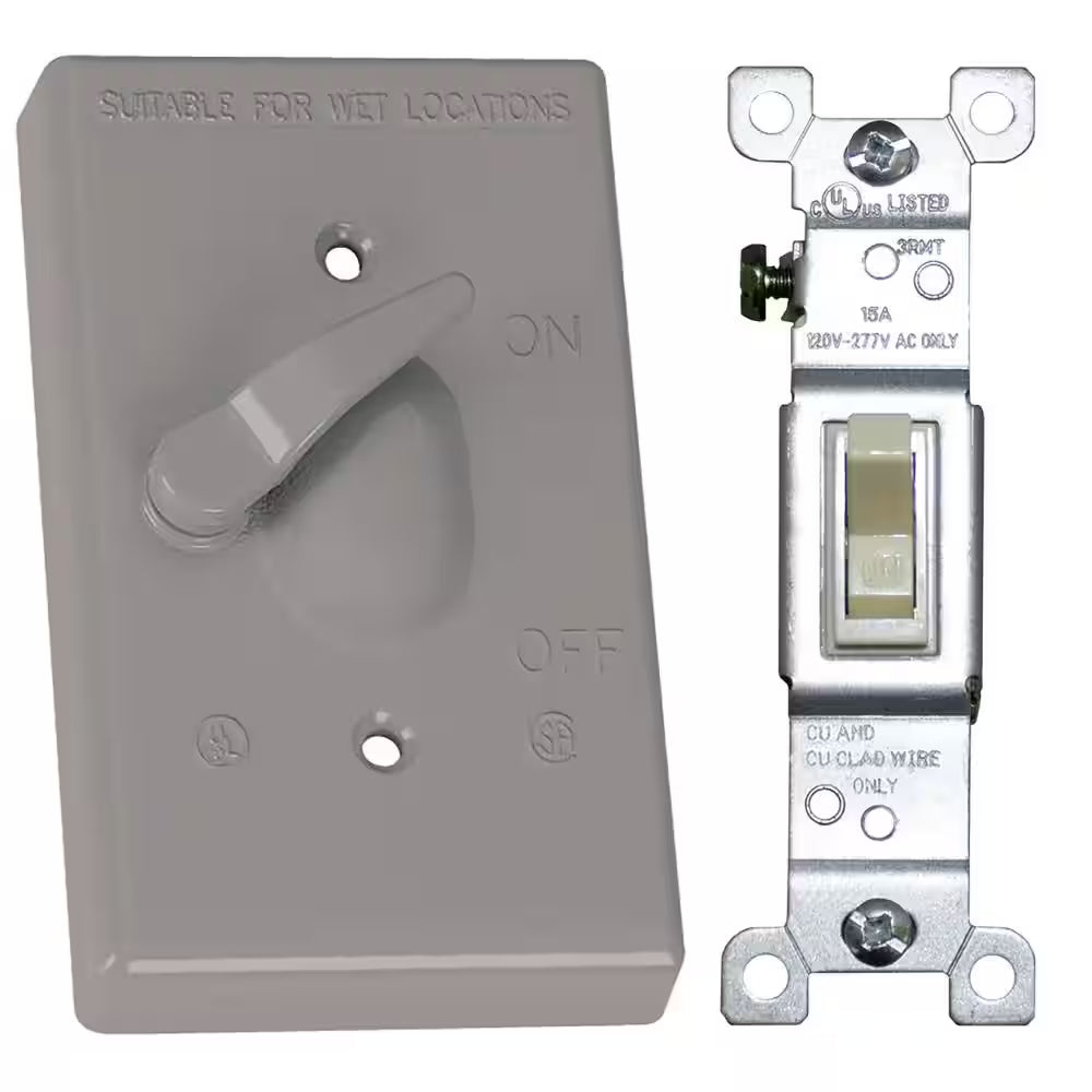 1-Gang Metal Weatherproof Single Pole Toggle Switch and Electrical Outlet Cover Kit, Gray