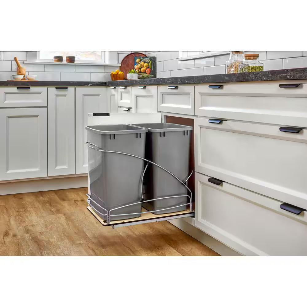 Double 35 Quart Pull Out Trash Containers, Gray, 54WC-1835SC-17-1