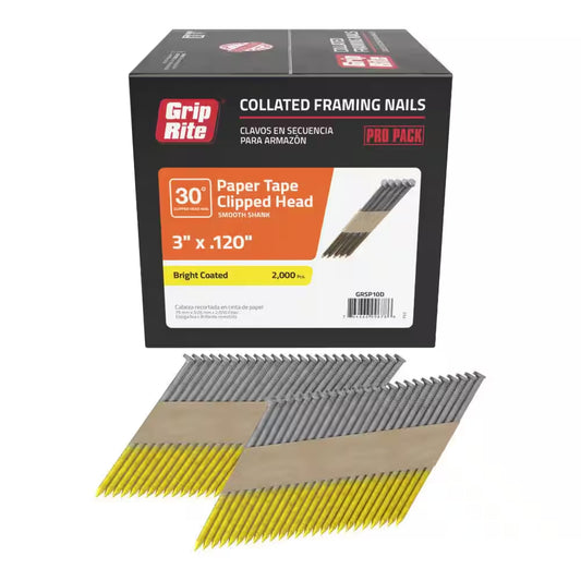 3 In. X 0.120 In. 30° Paper Collated Bright Coated Smooth Shank Clip-Head Framing Nails 2000 per Box