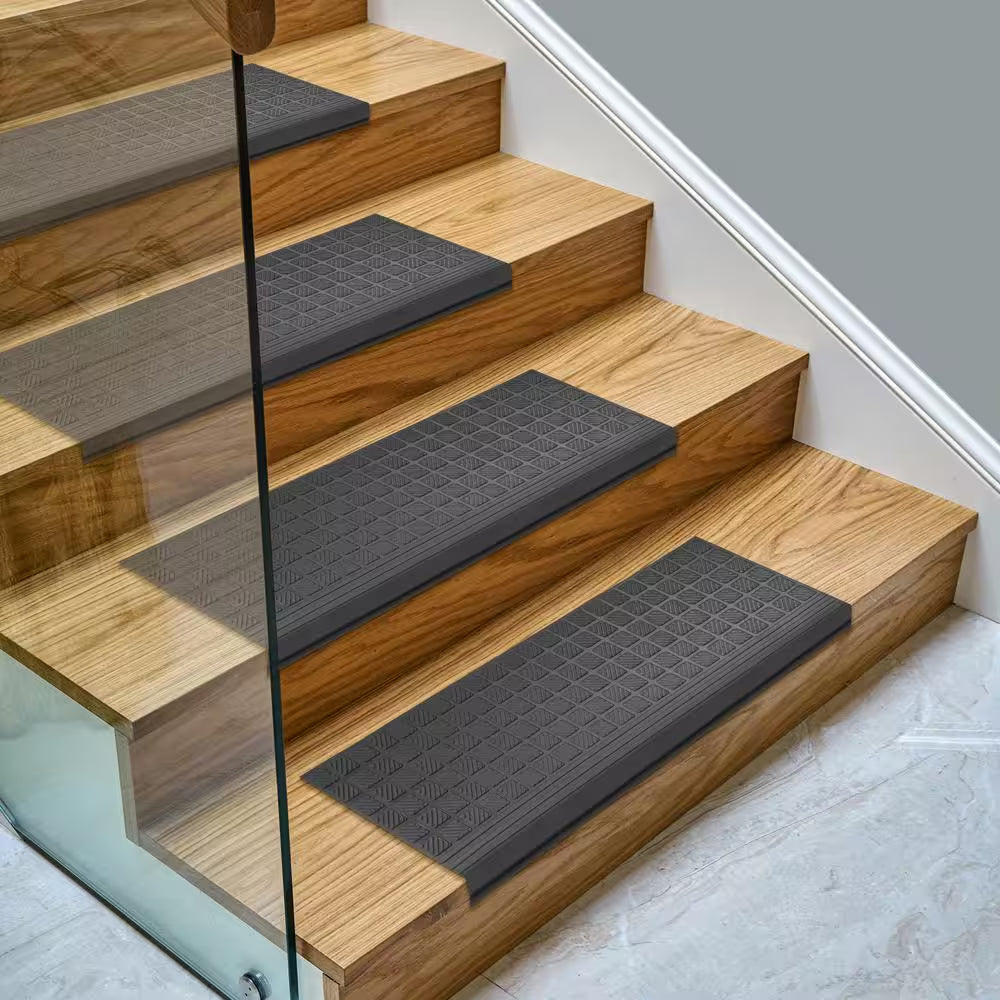 Waterproof Easy-Clean Indoor/Outdoor Black 10 In. X 25.5 In. Non-Slip Rubber Bullnose Stair Tread Cover (Set of 5)