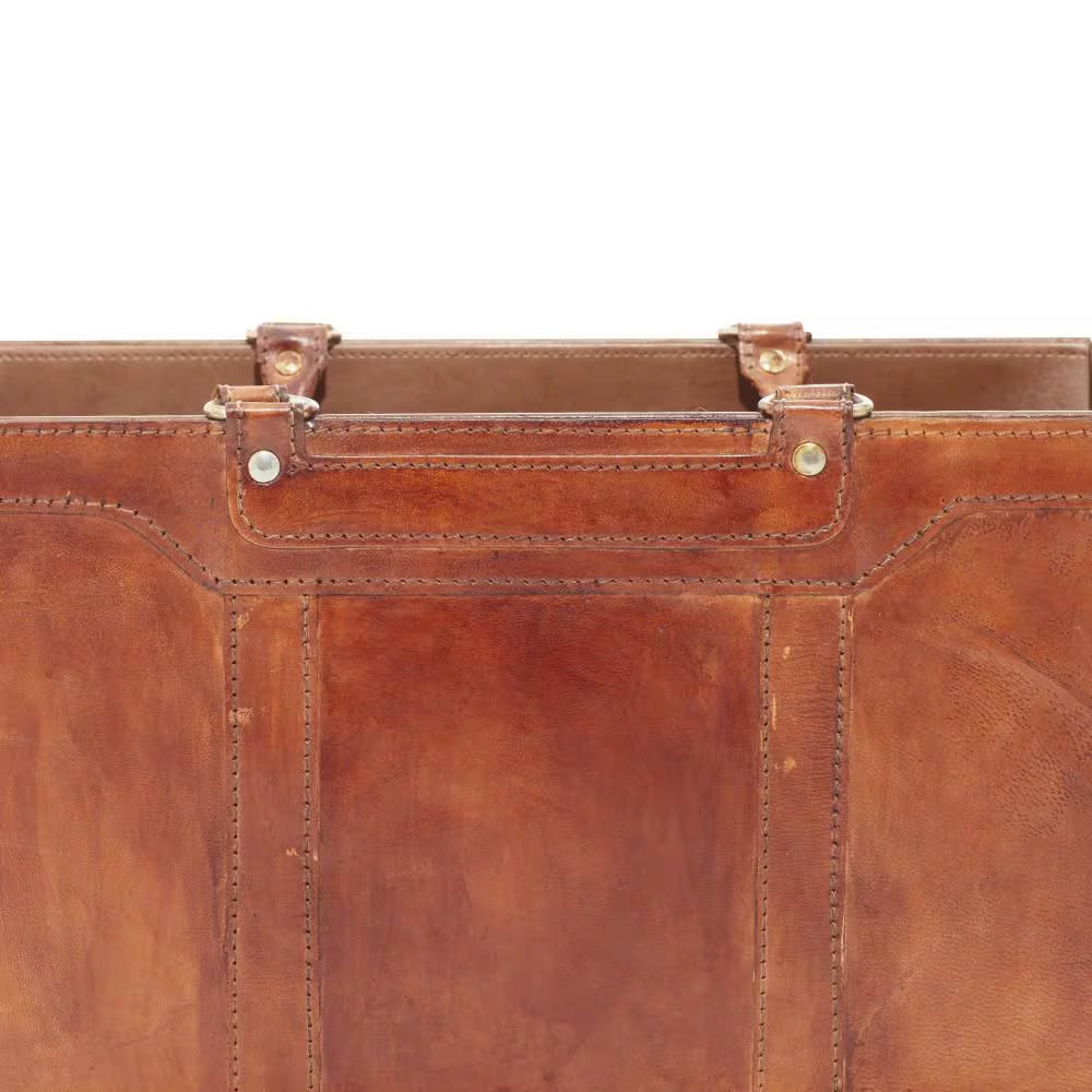 Brown Handmade Box Style Standing Magazine Holder with Detail Stitching and Curved Handles