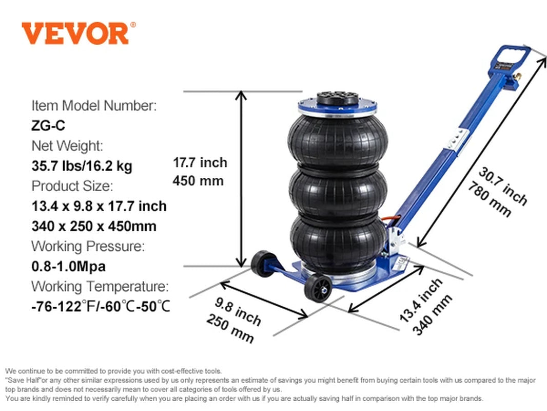 Pneumatic Jack 3 Ton/5 Ton Triple Bag Air Jack Quick Lift Heavy Duty Car Repair Jacks Folding Rod Jacks with Two Wheels