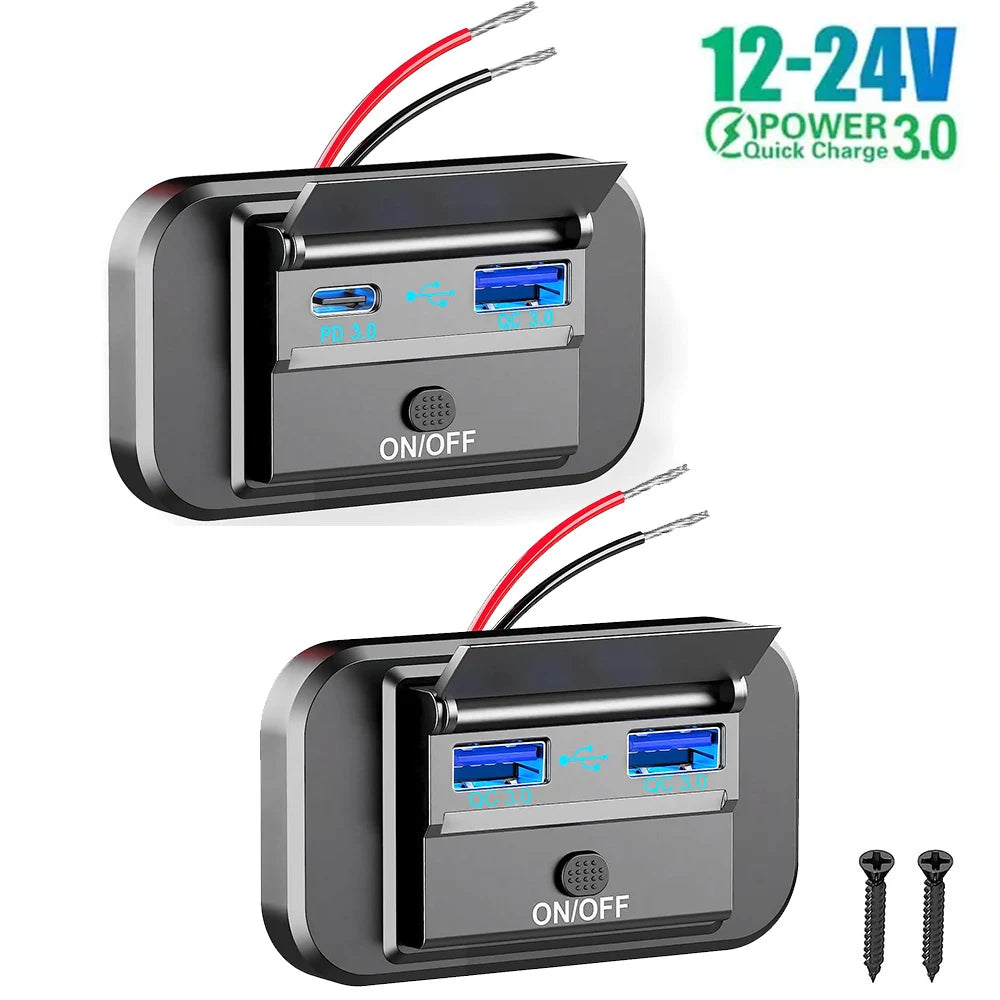 12/24V QC3.0 PD Car Charger Socket Quick Charge Dual USB with ON/OFF Outlet Panel Adapter for Truck Camper Caravan Accessories