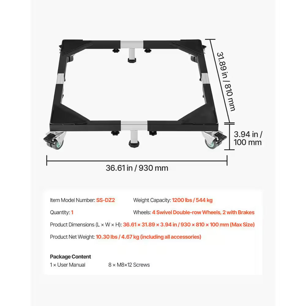 Fridge Stand Mobile Base, 1200 Lbs. Capacity, Adjustable Dolly with 8-Locking Wheels, Refrigerator, Dryer (23-36.6 In.)