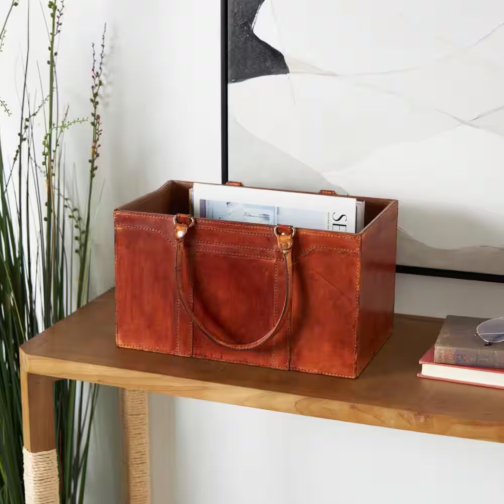 Brown Handmade Box Style Standing Magazine Holder with Detail Stitching and Curved Handles