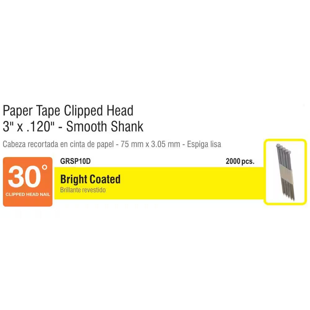 3 In. X 0.120 In. 30° Paper Collated Bright Coated Smooth Shank Clip-Head Framing Nails 2000 per Box