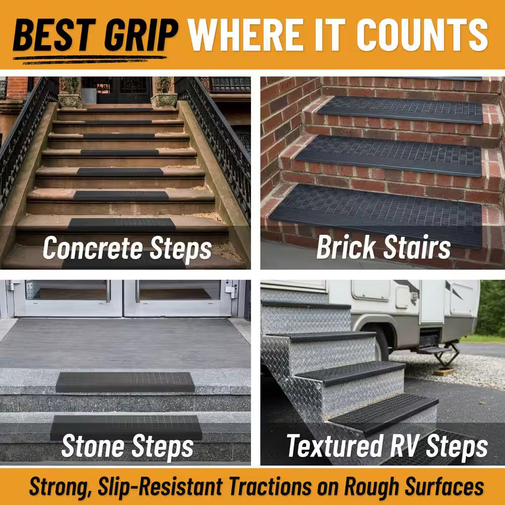 Waterproof Easy-Clean Indoor/Outdoor Black 10 In. X 25.5 In. Non-Slip Rubber Bullnose Stair Tread Cover (Set of 5)