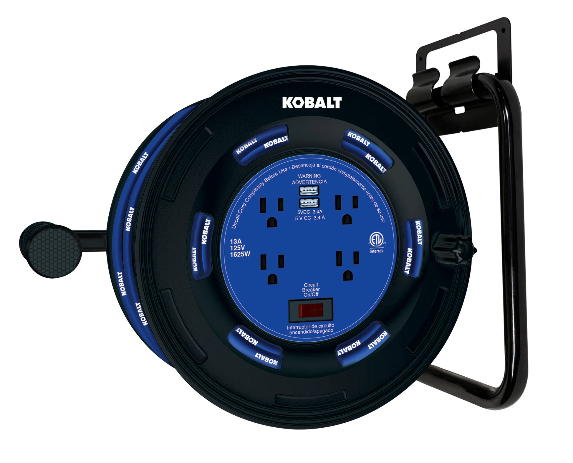 4-Outlet  Black/Blue Cord Reel 2-USB W/80Ft 14/3 SJTW Ext Cord