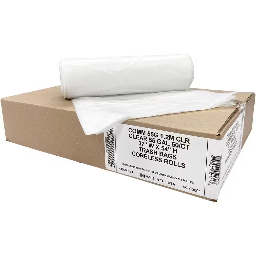 Heavy Duty 55 Gal. Clear Trash Bags (Value 50-Pack) 1.2 MIL Equivalent Industrial Strength Plastic 37 In. X 54 In.