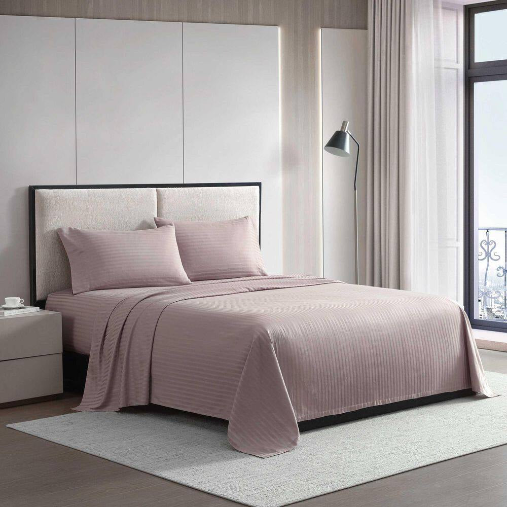 Dobby Stripe 4-Piece Dusk Pink Cotton Queen Sheet Set