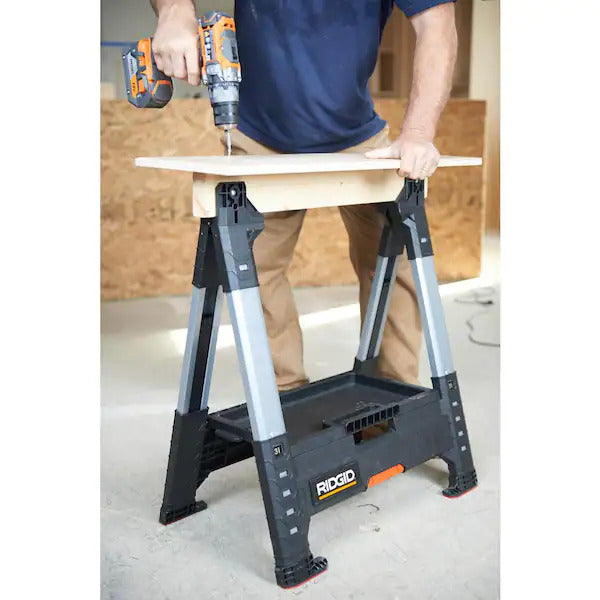 RIDGID 32 in. Polypropylene Folding Sawhorse with Adjustable Metal Legs