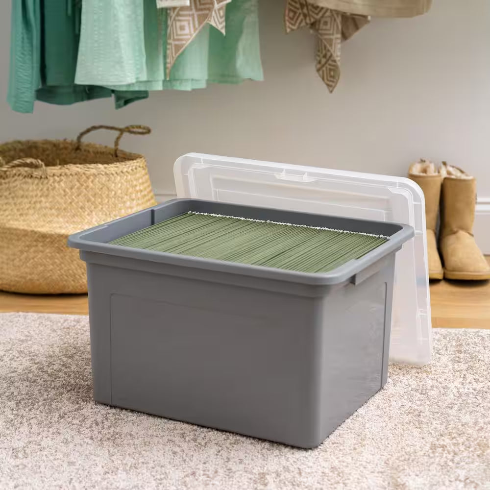 14.19 In. W X 10.88 In. H Snap Tight Plastic File Organizer Box, Gray with Clear Letter Size