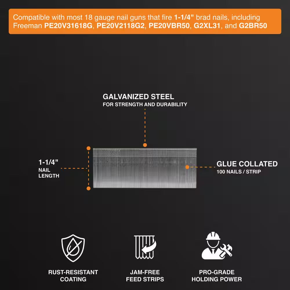 18-Gauge 1-1/4 In. Glue Collated Electrogalvanized Brad Nails-1000 Ct.-Indoor/Covered Outdoor-Trim, Moulding, Baseboards